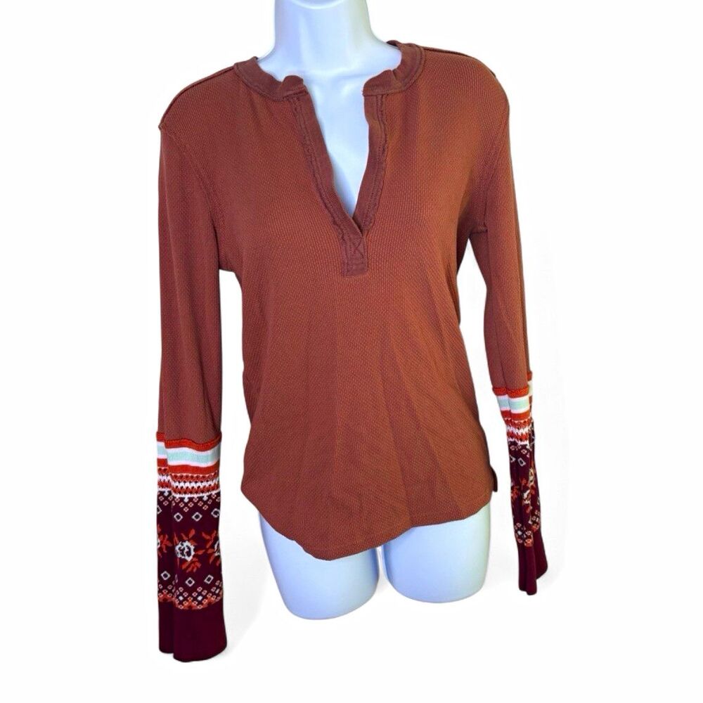 We The Free Free People Mikah Thermal Top Autumn Combo Rust Cuffs Sz Lg